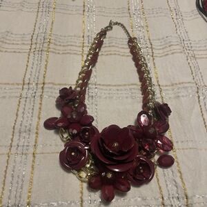 chunky colorful stone flower rope necklace chain link Burgundy Trendy Gold Tone